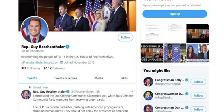 美共和黨議員蓋·雷申塔勒（Guy Reschenthaler）的推特（圖片來自推特）