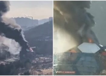 大連地標性建築”大足球”著火 濃煙沖天（視頻）