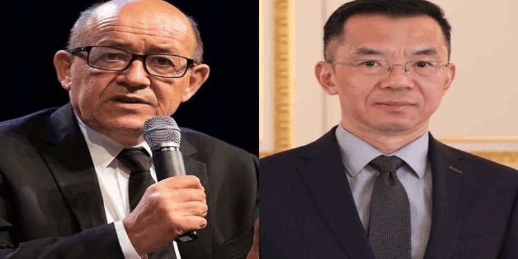 法國外長勒德裡安（左）23日召見中共駐法大使盧沙野（右）。（合成圖片）