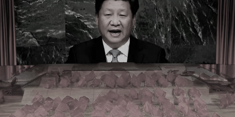 2021 年 6 月 28 日，北京舉行中共100 週年慶典大型演出，習近平出現在屏幕上。（圖片來源：AP - Ng Han Guan）