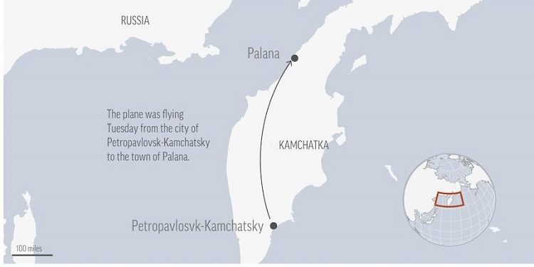 週二(2021年7月6日)早晨由堪察加彼得巴甫洛夫斯克(Петропавловск)飛往帕拉納(Палана)的Ан-26客機墜毀,機上22名乘客(兩名是兒童)和6名機組員共28人全都遇難。圖中為墜毀飛機的飛行航線(圖片來源:美聯社)