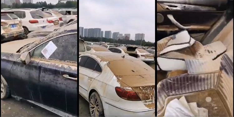 從鄭州京廣隧道拖出來的被淹車輛(圖片來源:視頻截圖)