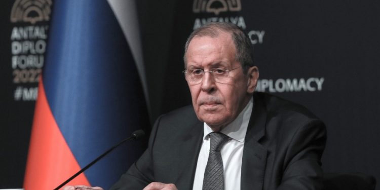 ANTALYA, TURKEY - MARCH 10: Russian Foreign Minister Sergey Lavrov holds a press conference after the meeting with Ukraine in Antalya on March 10, 2022 in Antalya, Turkey. (Photo by Rıza Özel/ dia images via Getty Images)