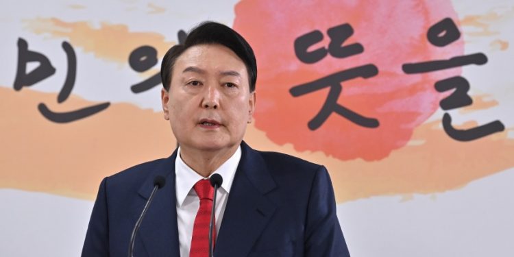 SEOUL, SOUTH KOREA - MARCH 20: President-elect Yoon Suk-yeol speaks during a press conference on March 20, 2022 in Seoul, South Korea. Yoon announced his decision to move the presidential office to the defense ministry compound in Seoul’s central district of Yongsan immediately after his inauguration on May 10. On the same day, the Presidential Blue House will be fully opened to the public. (Photo by Jung Yeon-Je - Pool/Getty Images)
