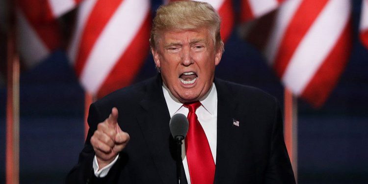 CLEVELAND, OH - JULY 21: Republican presidential candidate Donald Trump delivers a speech during the evening session on the fourth day of the Republican National Convention on July 21, 2016 at the Quicken Loans Arena in Cleveland, Ohio. Republican presidential candidate Donald Trump received the number of votes needed to secure the party's nomination. An estimated 50,000 people are expected in Cleveland, including hundreds of protesters and members of the media. The four-day Republican National Convention kicked off on July 18. (Photo by Alex Wong/Getty Images)
