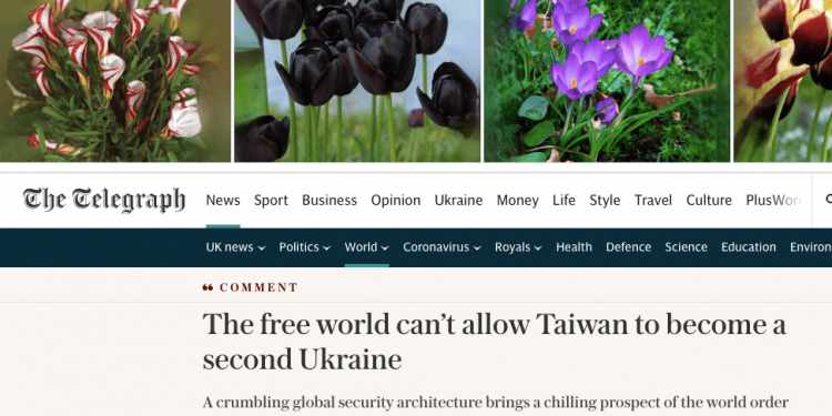 英國 《每日電訊報》8日刊登立陶宛外長藍斯柏吉斯的署名文章。文章說，全球情勢危險，較小型民主政體絕不可被犧牲以綏靖專制威權，臺灣不可成為第二個烏克蘭。（圖片來源：網絡截圖）