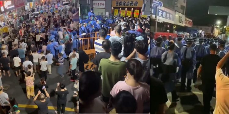 深圳無理封控引多處爆發抗議 民眾:官逼民反。圖為深圳福田區居民抗議要求解封(視頻截圖合成)