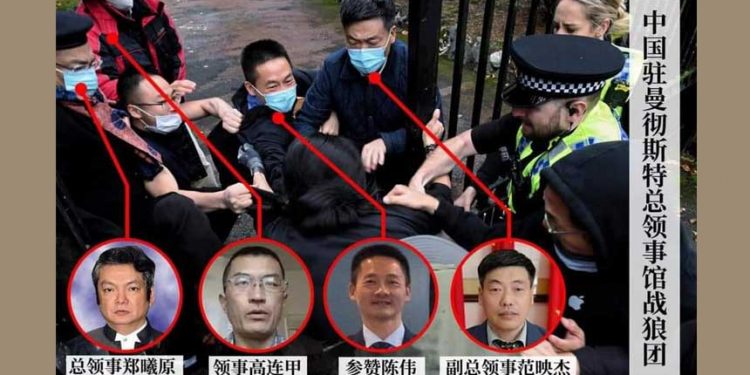 被打港人首次發聲 英重量級議員要求立即驅逐中共外交官 (圖片:Twitter截圖/希望之聲合成)