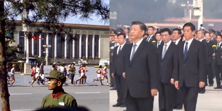 習近平上天安門廣場不戴口罩，北京馬拉松選手也不戴口罩（圖片來源：視頻截圖）
