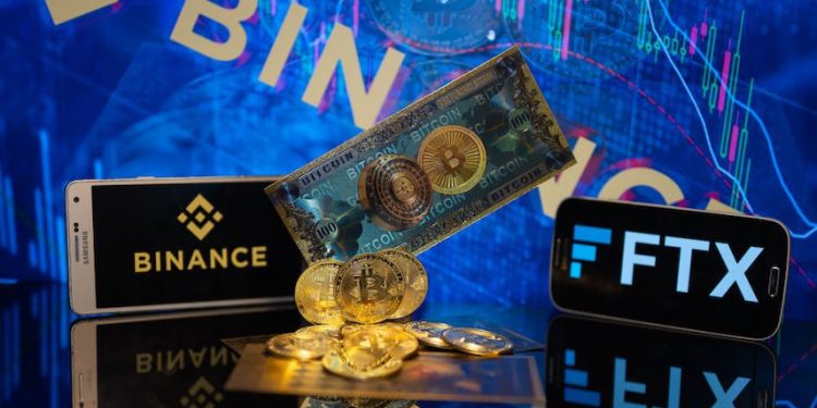 Visual representation of the digital cryptocurrency, with Binance logo on mobile screen, in Brussels, Belgium, on November 10, 2022 (Photo illustration by Jonathan Raa/NurPhoto via Getty Images)