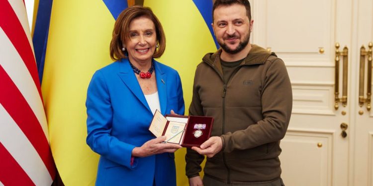 KYIV, UKRAINE - APRIL 30: Ukrainian President Volodymyr Zelensky presents the Order of Princess Olga, a Ukrainian civil decoration, to U.S. Speaker of the House Nancy Pelosi during a visit by a U.S. congressional delegation on April 30, 2022 in Kyiv, Ukraine. The US Speaker of the House led a congressional delegation, which on a secret meeting with the Ukrainian president that was announced the next day, as they left the country for nearby Poland. (Photo by the Ukrainian Presidential Press Office/Handout via Getty Images)