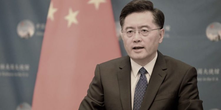 WASHINGTON, DC - OCTOBER 13: Chinese ambassador to the United States Qin Gang makes statement at an online symposium jointly held by Chinese Embassy and Consulates General in the US to commemorate the 110th anniversary of the Revolution of 1911, on October 13, 2021 in Washington, DC. (Photo by Chen Mengtong/China News Service via Getty Images)