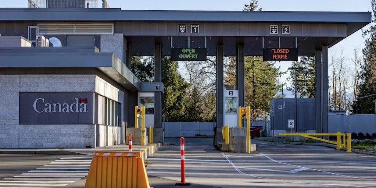 Aldergrove, Canada - January 15, 2019: cars going through the Canada–US border control