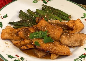 【梁廚美食】日本燒汁焗三文魚片秋葵/花旗參花膠燉雞