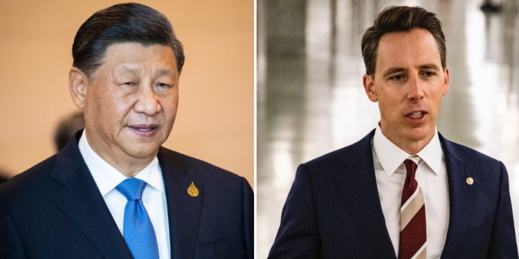 在追查中共病毒(COVID-19)傳播源頭以及北京當局責任的重大問題上,美國兩黨空前團結、協同一致。圖為中國國家主席習近平(左)與美國聯邦參議員喬什.霍利(Josh Hawley,右)。(圖片來源:希望之聲合成圖。原始圖片,Lauren DeCicca/Getty Images,Samuel Corum/Getty Images)