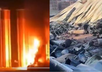 廣西梧州市長洲區一倉庫發生火災，並多次爆炸（圖片來源：視頻截圖）