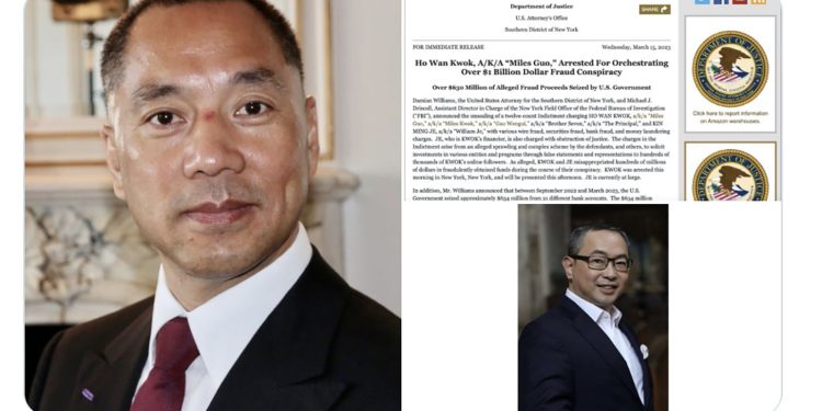 即使有嚴格的保釋條件,美國法官仍拒絕釋放郭文貴。圖為當涉嫌詐騙10億美元而在紐約被捕時,郭文貴的圖像(左)以及美國司法部的公告。(圖片來源:推特)