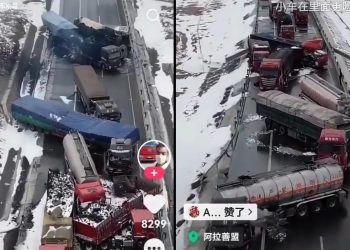 觸目驚心！新疆慘烈車禍 幾十輛大貨車冰天雪地中追尾（視頻）