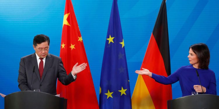 BERLIN, GERMANY - MAY 9: Foreign Minister,  Annalena Baerbock (Greens) and  Chinese Foreign Minister Qin Gang address the media during a Press conference on May 9, 2023 in Berlin, Germany. (Photo by Michele Tantussi/Getty Images)