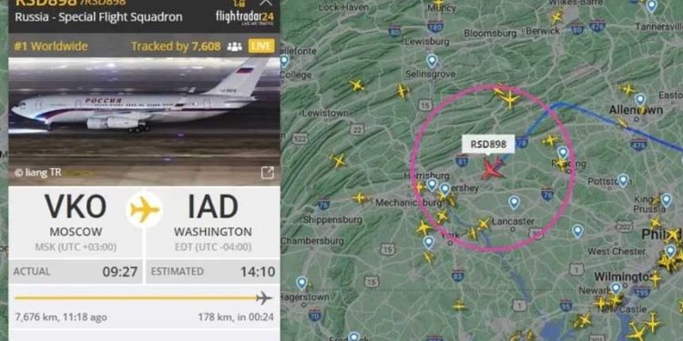 一架俄國總統專機(紅色圈圈處)飛向華盛頓杜勒斯機場。(擷自flightradar24網站)