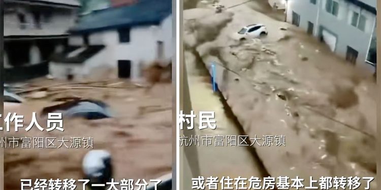 中國多地暴雨 杭州7人死傷 北京千龍吐水 上海變海上。圖為浙江杭州暴雨（網絡圖片合成）