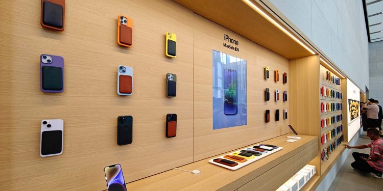 After the partial renovation and upgrade of the Apple Store, headphones, homepod, phone cases, accessories and other products are placed on the wall around the store, September 4, 2023, Shanghai, China. (Photo by Costfoto/NurPhoto via Getty Images)
