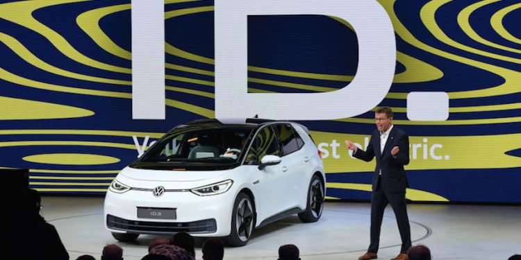 FRANKFURT AM MAIN, GERMANY - SEPTEMBER 10: Volkswagen presents the new Volkswagen ID.3 electric car at the 2019 IAA Frankfurt Auto Show on September 10, 2019 in Frankfurt am Main, Germany. The IAA will be open to the public from September 12 through 22. (Photo by Sean Gallup/Getty Images)