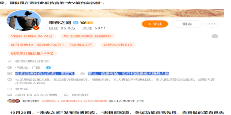10月19日,新浪微博CEO王高飛的微博賬號@來去之間 個人賬戶顯示,個人資料一欄已顯示其本人真實姓名,同時也顯示出“自媒體前台實名(測試)”的字樣,個人信息的職業一欄中則顯示其為“信息傳輸、軟件和信息技術服務人員”。(網絡截圖)