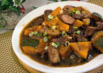 【梁廚美食】蒜頭豆豉南瓜炆煙滷大腸/焗烤三文魚餠/紫薯西米露汤圆