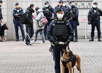 黎智英國安案進入第三日審訊，警方出動荷槍實彈的反恐特勤隊及警犬戒備。（Getty images）