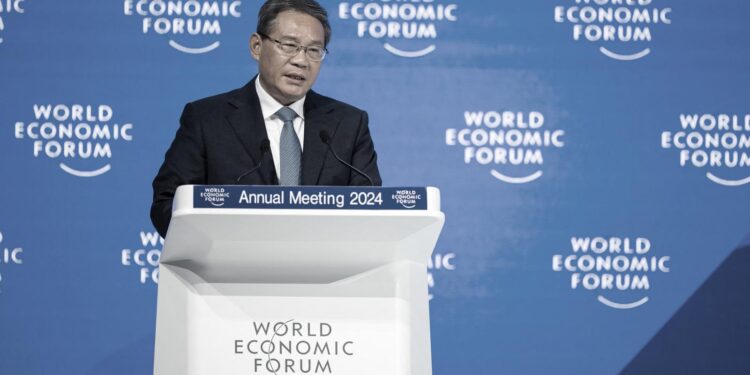 Chinese Premier Li Qiang adresses the assembly during the annual meeting of the World Economic Forum (WEF) in Davos on January 16, 2024. (Photo by Fabrice COFFRINI / AFP) (Photo by FABRICE COFFRINI/AFP via Getty Images)
