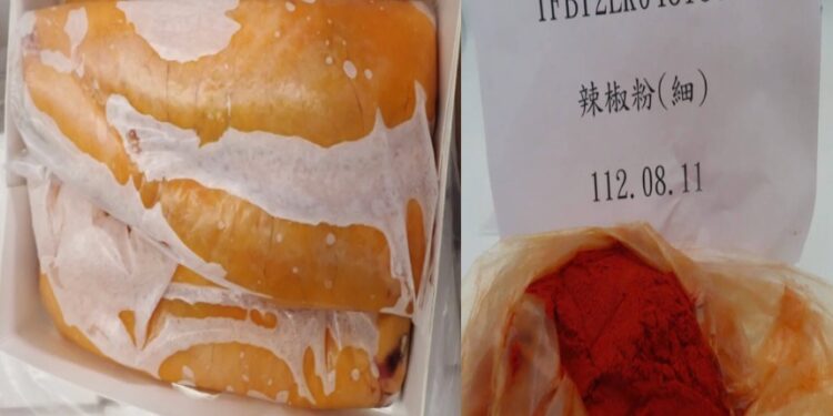 中國出口食品冷凍烏魚子(左圖)被檢出孔雀綠傷肝致癌物,辣椒粉(右圖)被檢出有毒化學致癌物蘇丹紅。(圖片:台灣食管署圖片合成)