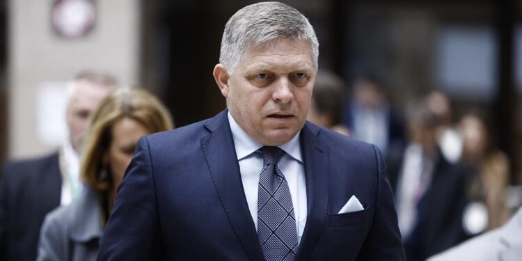 Slovakia's Prime Minister Robert Fico walks during the European Council summit at the EU headquarters in Brussels, on April 18, 2024. (Photo by KENZO TRIBOUILLARD / AFP) (Photo by KENZO TRIBOUILLARD/AFP via Getty Images)