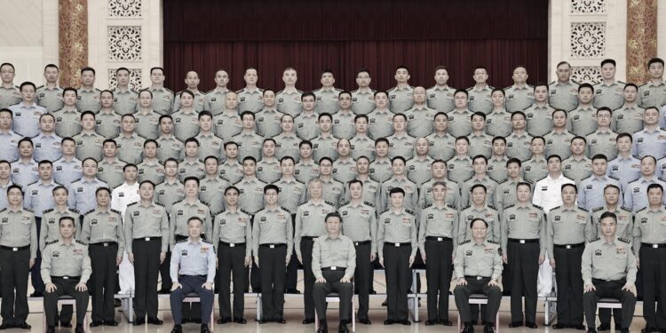 Chinese President Xi Jinping, also general secretary of the Communist Party of China Central Committee and chairman of the Central Military Commission, meets with senior officers of the Chinese People's Liberation Army troops stationed in Jinan, in east China's Shandong Province, May 23, 2024. Xi inspected Shandong Province from Wednesday to Friday. (Photo by Li Gang/Xinhua via Getty Images)