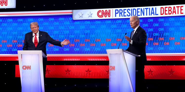 ATLANTA, GEORGIA - JUNE 27: U.S. President Joe Biden (R) and Republican presidential candidate, former U.S. President Donald Trump participate in the CNN Presidential Debate at the CNN Studios on June 27, 2024 in Atlanta, Georgia. President Biden and former President Trump are facing off in the first presidential debate of the 2024 campaign. (Photo by Justin Sullivan/Getty Images)