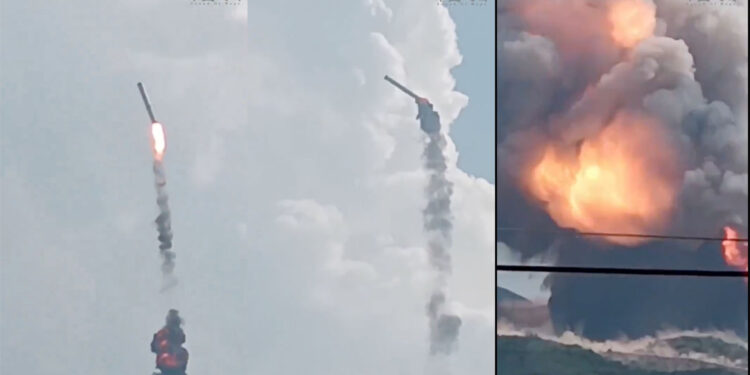 天兵科技火箭試車出事故 火箭脫自動空後爆炸解體(網絡視頻截圖合成)