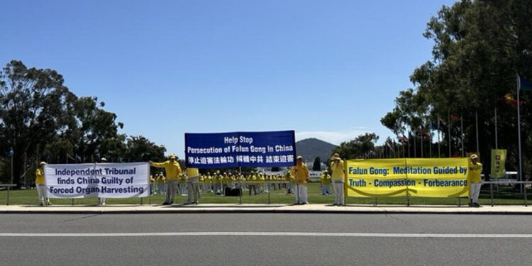 2024年11月6日，澳洲部分法輪功學員在坎培拉議會大廈前集會，敦促議會出台反活摘法案和保護法輪功法案。 （圖片來源：章純/希望之聲）