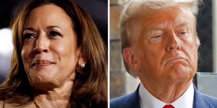 FILE PHOTO: Democratic presidential nominee and U.S. Vice President Kamala Harris and Republican presidential nominee and former U.S. President Donald Trump are seen in a combination of file photographs taken in Chandler, Arizona, U.S., October 10, 2024 and in Evans, Georgia, U.S., October 4, 2024. REUTERS/Evelyn Hockstein & Octavio Jones/File Photo