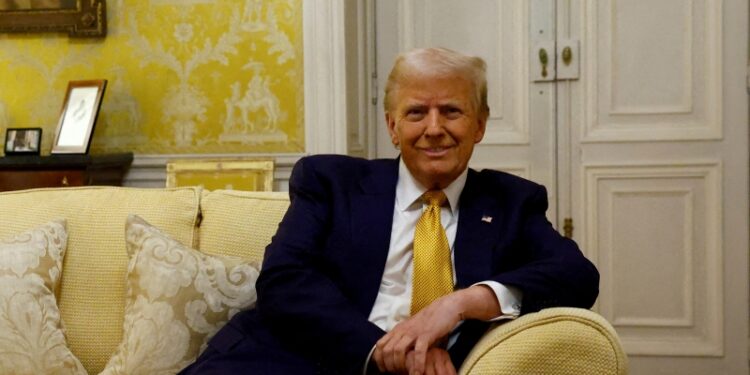 FILE PHOTO: U.S. President-elect Donald Trump attends a meeting with Britain's Prince William, Prince of Wales (not seen), at the UK Ambassador?s Residence in Paris as part of ceremonies to mark the reopening of the Notre-Dame de Paris Cathedral, five-and-a-half years after a fire ravaged the Gothic masterpiece, France, December 7, 2024. REUTERS/Piroschka van de Wouw/File Photo
