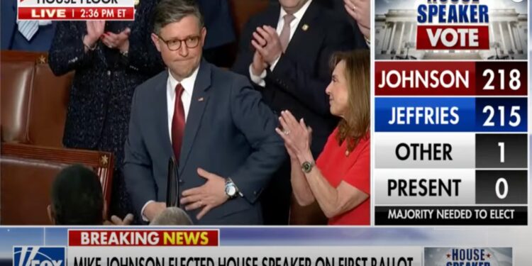 2025年1月3日,現任議長邁克‧ 約翰遜 (Mike Johnson)獲得足夠票數贏得議長連任。(圖:福克斯新聞視頻截圖)