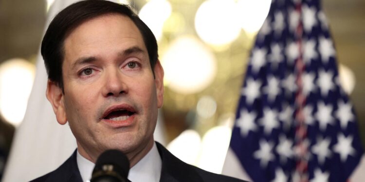 Marco Rubio speaks after he is sworn in as Secretary of State by U.S. Vice President JD Vance at the Eisenhower Executive Office Building in Washington, U.S., January 21, 2025. REUTERS/Kevin Lamarque