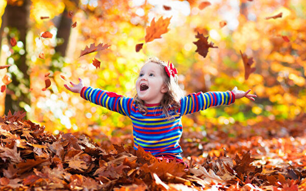 Happy little girl playing in beautiful autumn park on warm sunny fall day. Kids play with golden maple leaves.