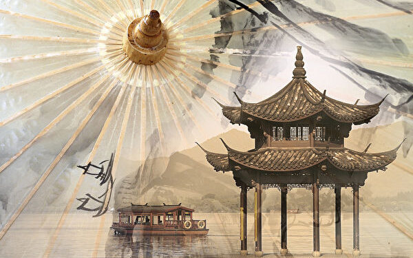 Chinese Xihu lake in Hangzhou and traditional paper umbrella