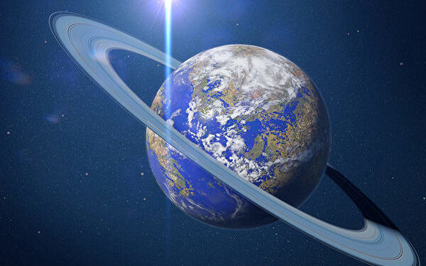 Earth like alien planet, life friendly exoplanet with ring system (3d science illustration)
