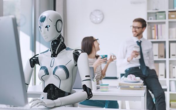 Efficient AI robot working in the office and lazy employees having a coffee break