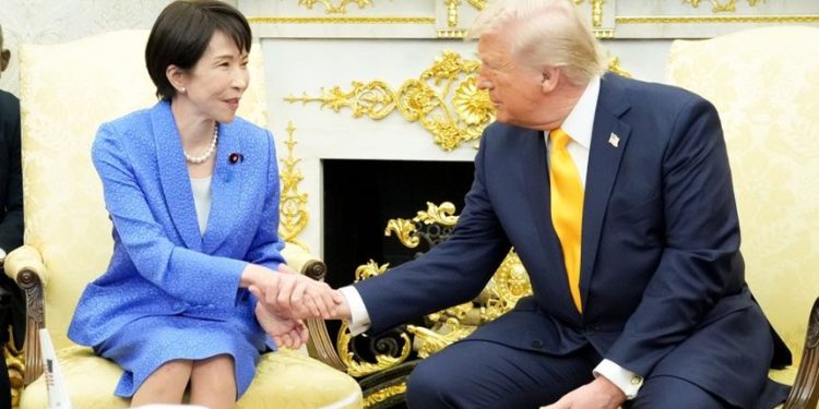 3月19日，日相高市早苗與川普總統在白宮橢圓辦公室會晤（日本內閣公共事務辦公室圖片）
