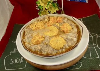 【梁廚美食】海參山藥肉碎小米粥 / 山藥鹹蛋黃蒸肉餅 / 桂花杞子馬蹄大菜糕