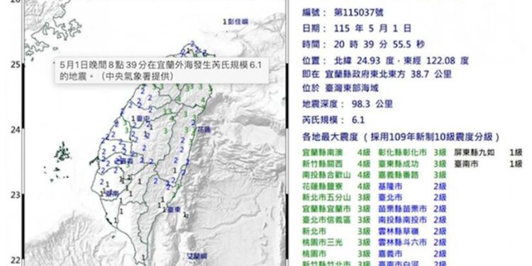 台灣周五晚發生今年5.8級地震， 圖中為台灣中央氣象局地震通報截圖。